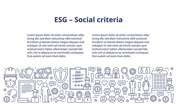 Simgeler, ESG sosyal konsepti. Simgeler pankartın altında, başlık ve metin şablonu da üstte. Pankart. Şablon. Beyaz arkaplanda izole edilmiş vektör illüstrasyonu.