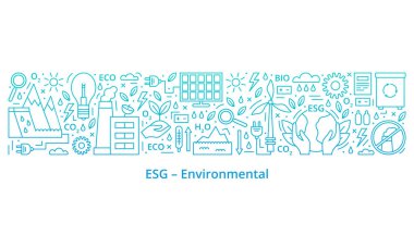 Bir dizi ESG, ECO, Biyo simgeleri. ESG çevre kriterleri, simgeler pankartın en üstünde, başlık ise en altta. Gradyan. Pankart. Şablon. Vektör illüstrasyonu beyazda izole edildi