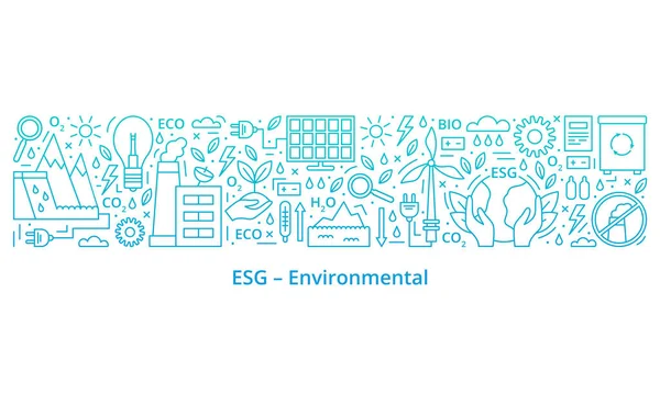 Bir dizi ESG, ECO, Biyo simgeleri. ESG çevre kriterleri, simgeler pankartın en üstünde, başlık ise en altta. Gradyan. Pankart. Şablon. Vektör illüstrasyonu beyazda izole edildi