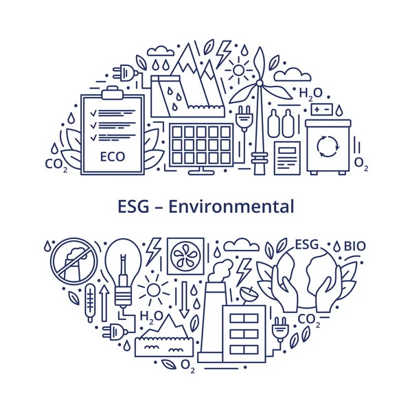 Bir dizi ESG, ECO, Biyo simgeleri. ESG çevresel kriterler, merkezde bir yazıyla daire şeklinde dizilmiş ikonlar. Şablon. çizgi illüstrasyonu 