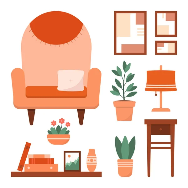 フラットスタイルのかわいい家具のセット 居心地の良いアームチェア テーブル 観葉植物 テーブルランプ かわいいイラスト — ストック写真