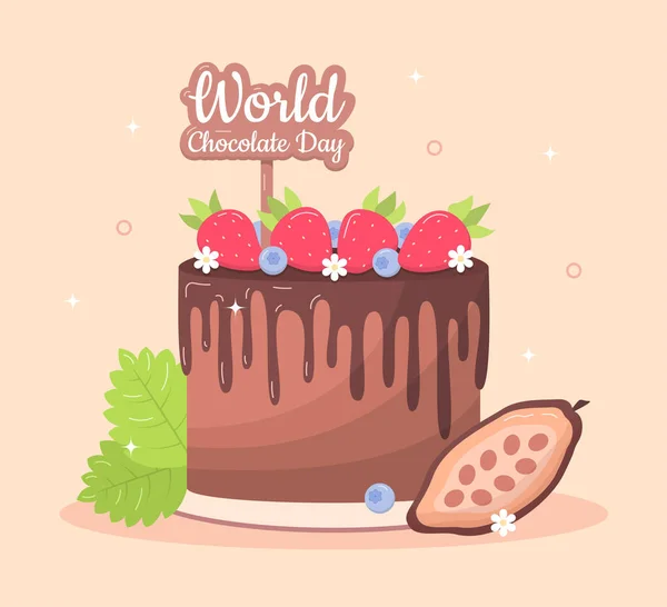 Концепція Всесвітнього Дня Шоколаду Смачний Шоколадний Торт Полуницею Чорницею Симпатична — стоковий вектор