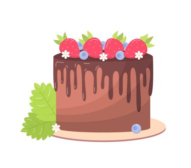 Çilekli ve yaban mersinli lezzetli çikolatalı pasta. Düz bir şekilde sevimli vektör illüstrasyonu