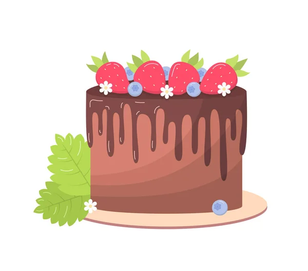 Delicious Chocolate Cake Strawberries Blueberries Cute Vector Illustration Flat Style — Stockvector