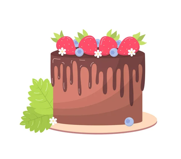 Delicious Chocolate Cake Strawberries Blueberries Cute Illustration Flat Style — Stockfoto