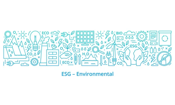 Bir dizi ESG, ECO, Biyo simgeleri. ESG çevre kriterleri, simgeler pankartın en üstünde, başlık ise en altta. Gradyan. Pankart. Şablon. Resimler beyaz arkaplanda izole edildi