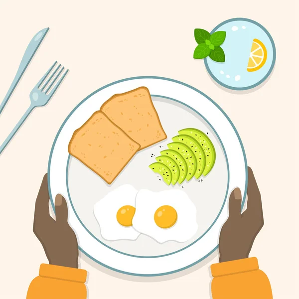 Delicious Breakfast Slices Bread Eggs Avocado Plate Glass Water Lemon - Stok Vektor