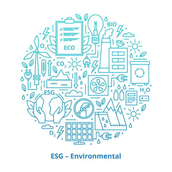Bir dizi ESG, ECO, Biyo simgeleri. ESG çevre kriterleri, daire şeklinde yerleştirilmiş ikonlar, eğim. Vektör illüstrasyonu beyaz arkaplanda izole edildi