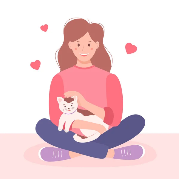 Young Woman Pet Flat Style Happy Girl Holding Cat Her — 스톡 사진
