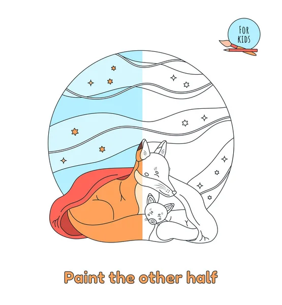 Cute animal concept for children, cartoon style. Coloring page for children and adults. The cute fox and her little fox are sleeping under a red blanket. Paint the other half. Cute illustration