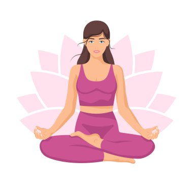 Yoga young woman, card concept. Beautiful girl in a suit doing yoga. Healthy lifestyle. Poster. Template. Vector illustration isolated on a white background