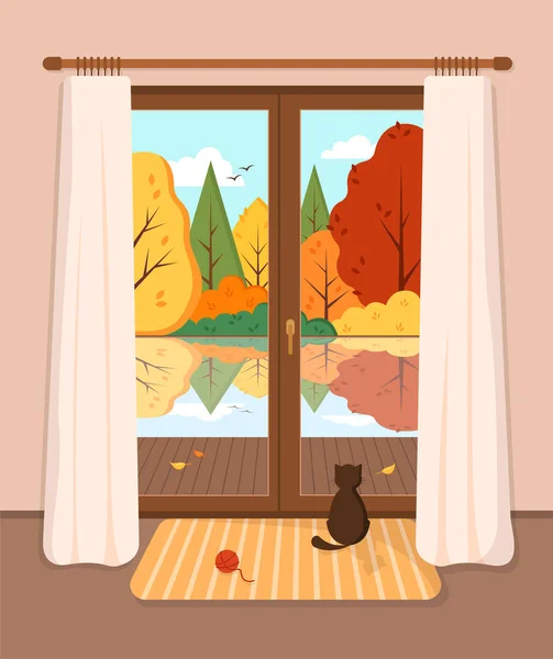 Window View Autumn Landscape Cute Vector Illustration Flat Style — Stock Vector