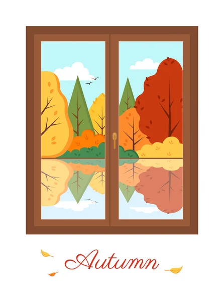 Widok Okna Jesienny Krajobraz Cute Ilustracji Płaskim Stylu — Zdjęcie stockowe