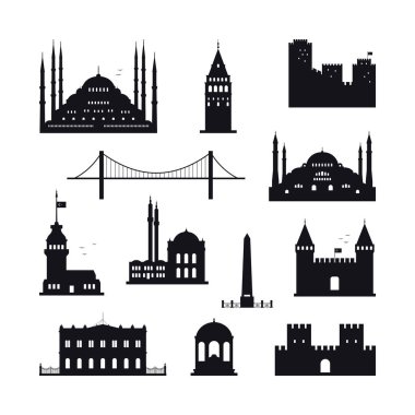 İstanbul hindi konsepti. İstanbulların mimari simgelerinden oluşan bir siluet seti. Beyaz arkaplanda vektör illüstrasyonu