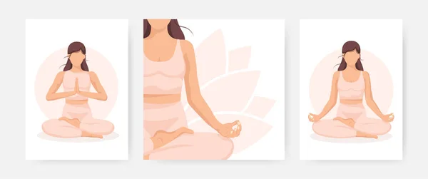 Yoga genç kadın, kart konsepti. Üç poster seti. Sağlıklı bir yaşam tarzı. Şablon. Vektör illüstrasyonu
