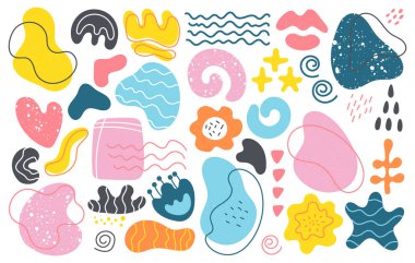 Soyut bitki elementleri, karalama stilinde düz ve kıvrımlı çizgiler. Noktalar ve daireler. Beyaz bir arka planda izole edilmiş. Organik şekiller. Tahıllı doku..