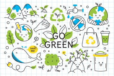 Karalamalar doğayı, çevreyi ve sıfır atığı kurtarır. Geri dönüşüm, yeşile dön. Balina, gezegen, eko torba, bitkiler ve yapraklar, su ve şişe. İzole edilmiş.