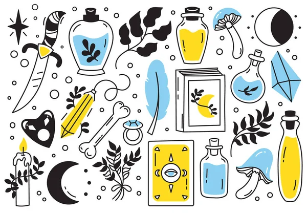 Cadılık seti, mistik sihirli semboller, el yapımı gizemli koleksiyon, baskı kristali için modern boho tarzı elementler, tarot kartları, iksir. Beyaz arkaplanda vektör simgeleri ve logo illüstrasyonu