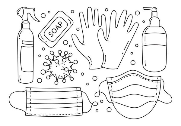 Uppsättning Coronavirus Ikoner Element Termometer Medicinsk Mask Handtvätt Antibakteriell Gel — Stock vektor