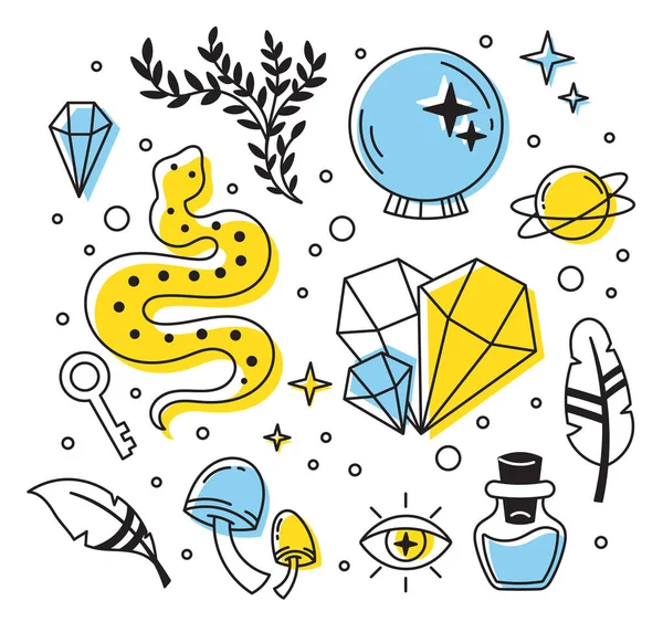 Cadılık seti, mistik sihirli semboller, el yapımı gizemli koleksiyon, baskı kristali için modern boho tarzı elementler, tarot kartları, iksir. Beyaz arkaplanda vektör simgeleri ve logo illüstrasyonu