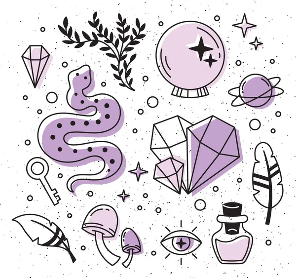 Cadılık seti, mistik sihirli semboller, el yapımı gizemli koleksiyon, baskı kristali için modern boho tarzı elementler, tarot kartları, iksir. Beyaz arkaplanda vektör simgeleri ve logo illüstrasyonu