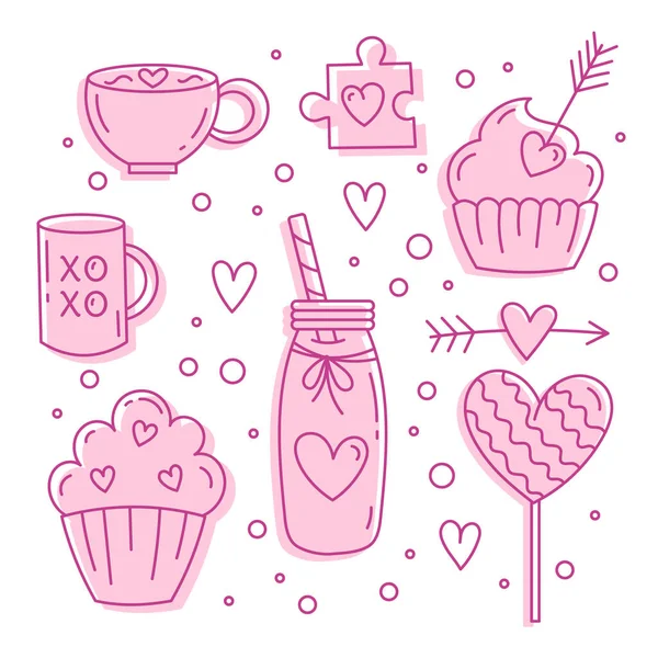 Set Illustrations Valentine Day Hearts Mug Cupcakes Lollipop Puzzle Arrow — Stock Vector