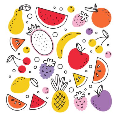 Çizgi film tarzında tropikal egzotik meyvelerin bir dizi çizimi. Citrus meyveleri, böğürtlen. Beyaz bir arkaplanda izole edilmiş.