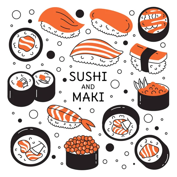 Suşi, sashimi ve maki çizimleri. Japon mutfağı. Çizgi film, çizgi film. Beyaz bir arkaplanda izole edilmiş.