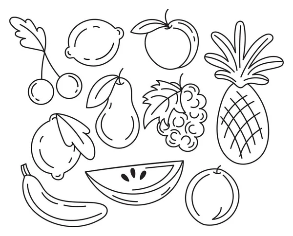 Zestaw Ilustracji Tropikalnych Egzotycznych Ogrodowych Owoców Doodles Kreskówka Izolowane Białym — Wektor stockowy