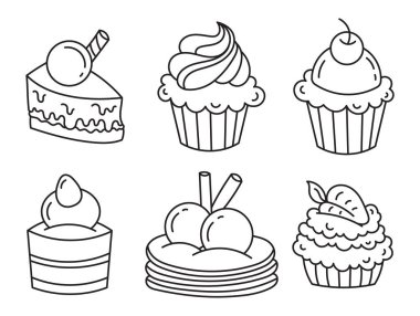 Kremalı, dutlu, şekerli pastalar. Doodle çizimi beyaz arkaplanda izole edildi.