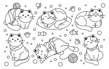 Kedilerin bir dizi çizimi. Oyuncaklı evcil hayvanlar, top ve balık. Beyaz arkaplanda karalamalar izole.