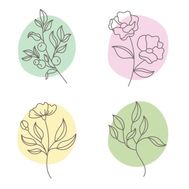 İçinde çiçekler ve bitkiler olan çizimler. Yapraklı dallar ve soyut renkli daireler. Kozmetik logosu. Dekoratif elementler beyaz arkaplanda izole edildi.