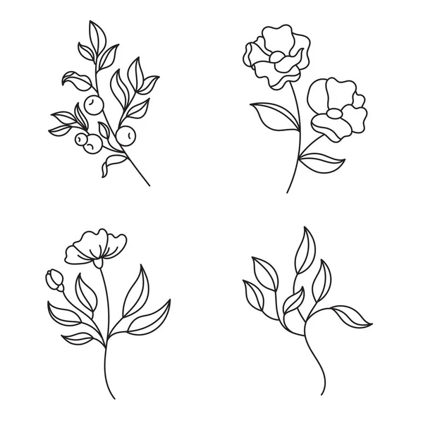 Ensemble Illustrations Avec Des Fleurs Des Plantes Branches Avec Feuilles — Image vectorielle