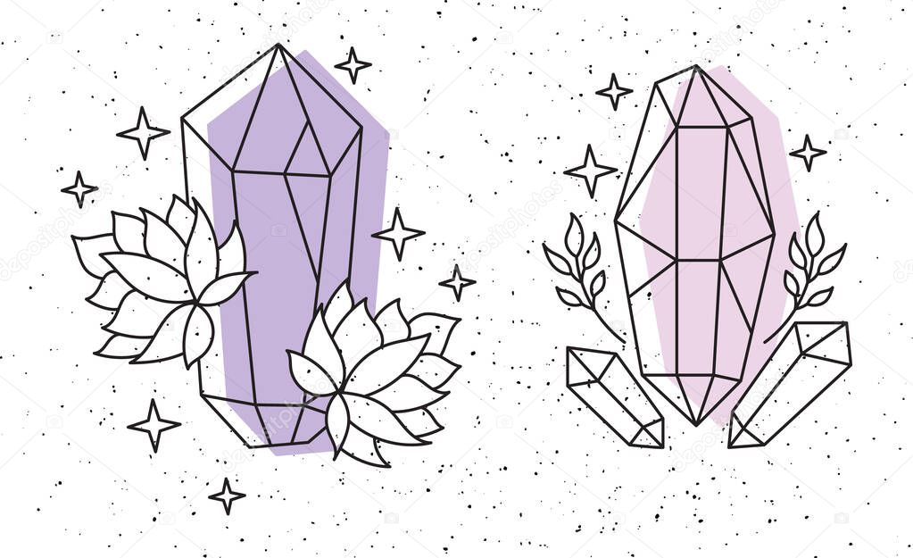 A set of illustrations of magic crystals with plants. Branches and leaves silhouettes. Isolated on a white background.