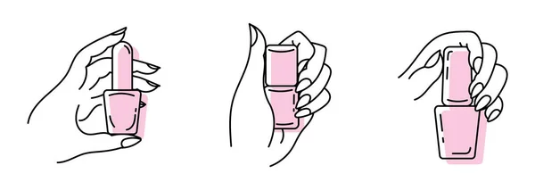 一套用女人的手和指甲做的插图 指甲油 在线艺术 被白色背景隔离 — 图库矢量图片