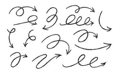 El çizilmiş vektör desensel siyah oklar kümesi beyaz arkaplana karalama yapar.