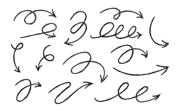 Set Frecce Nere Testurizzate Vettoriali Disegnate Mano Scarabocchiare Sfondo Bianco — Vettoriale Stock