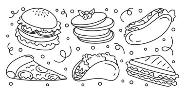 Fast food karalama elementleri. Hurda yiyecekler. Hamburger, sosisli sandviç, burrito, sandviç, pizza. Beyaz bir arkaplanda izole edilmiş.