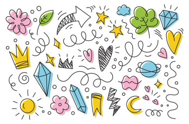 Bir dizi karalama soyut elementler. El yapımı çizgiler, kalpler, çiçekler ve yapraklar..