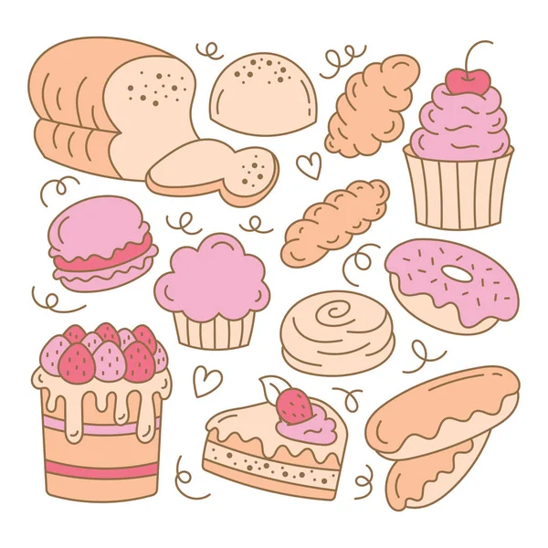 Set Doodle Baking Elements Fresh Bread Rolls Muffins Cakes Donut — Stock Vector