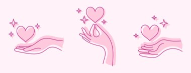 Elleri, kalbi ve yıldızları boho tarzında olan bir dizi logo. Çizgiler, çizgi. İzole çizimler.