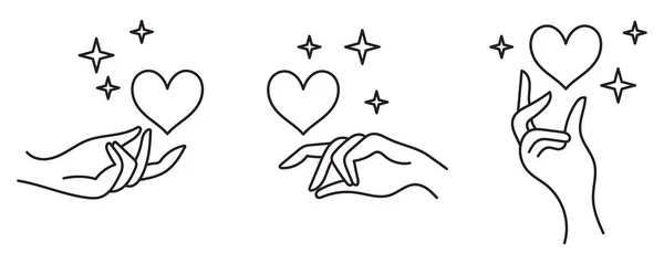 Set Logos Elements Hands Heart Stars Boho Style Doodles Line — Stock Vector