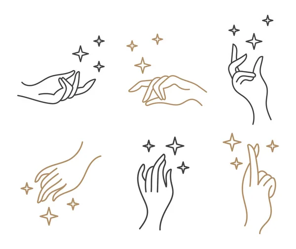 Набор Икон Логотипов Шикарном Стиле Бохо Звёздами Руками Сверкающими Изолированные Стоковый вектор