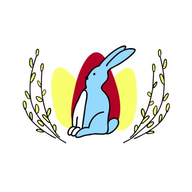 Söğüt dalları tarafından çerçevelenmiş şirin Paskalya Tavşanı renkli tatil yumurtalarının arka planında