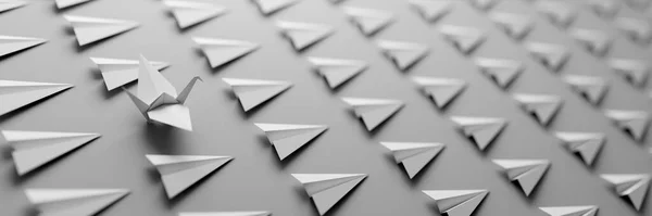 Origami Fågel Mellan Oändliga Plan Alla Likadana Ledarskap Koncept Rendering — Stockfoto