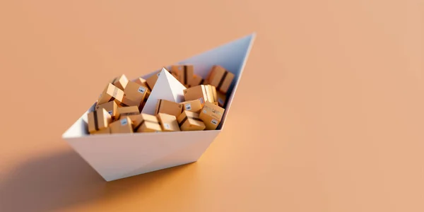 概念纸船 装有许多纸箱 物流业和运输概念 原初3D渲染 — 图库照片