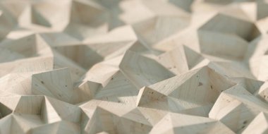 Gerçekçi ahşap dokuya sahip soyut çokgen arka plan. Asıl 3d oluşturma, kopyalama alanı olan geniş yatay biçim