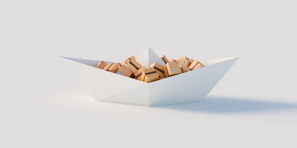 概念纸船 装有许多纸箱 物流业和运输概念 原初3D渲染 — 图库照片