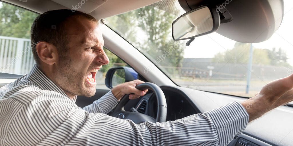 Angry driver gesturing bad, road rage theme