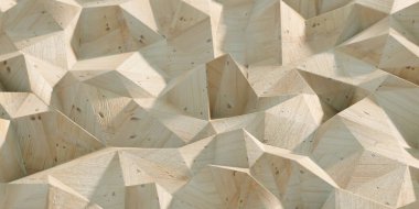 Gerçekçi ahşap dokuya sahip soyut çokgen arka plan. Asıl 3d oluşturma, kopyalama alanı olan geniş yatay biçim